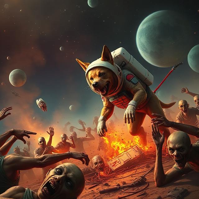 A shiba in a scorched astronaut suit running from hands reaching out of the ground